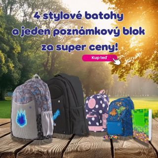 Čtyři stylové školní a volnočasové batohy, kreativní poznámkový blok a spousta mozaikových panelů pro tvořivé děti v...